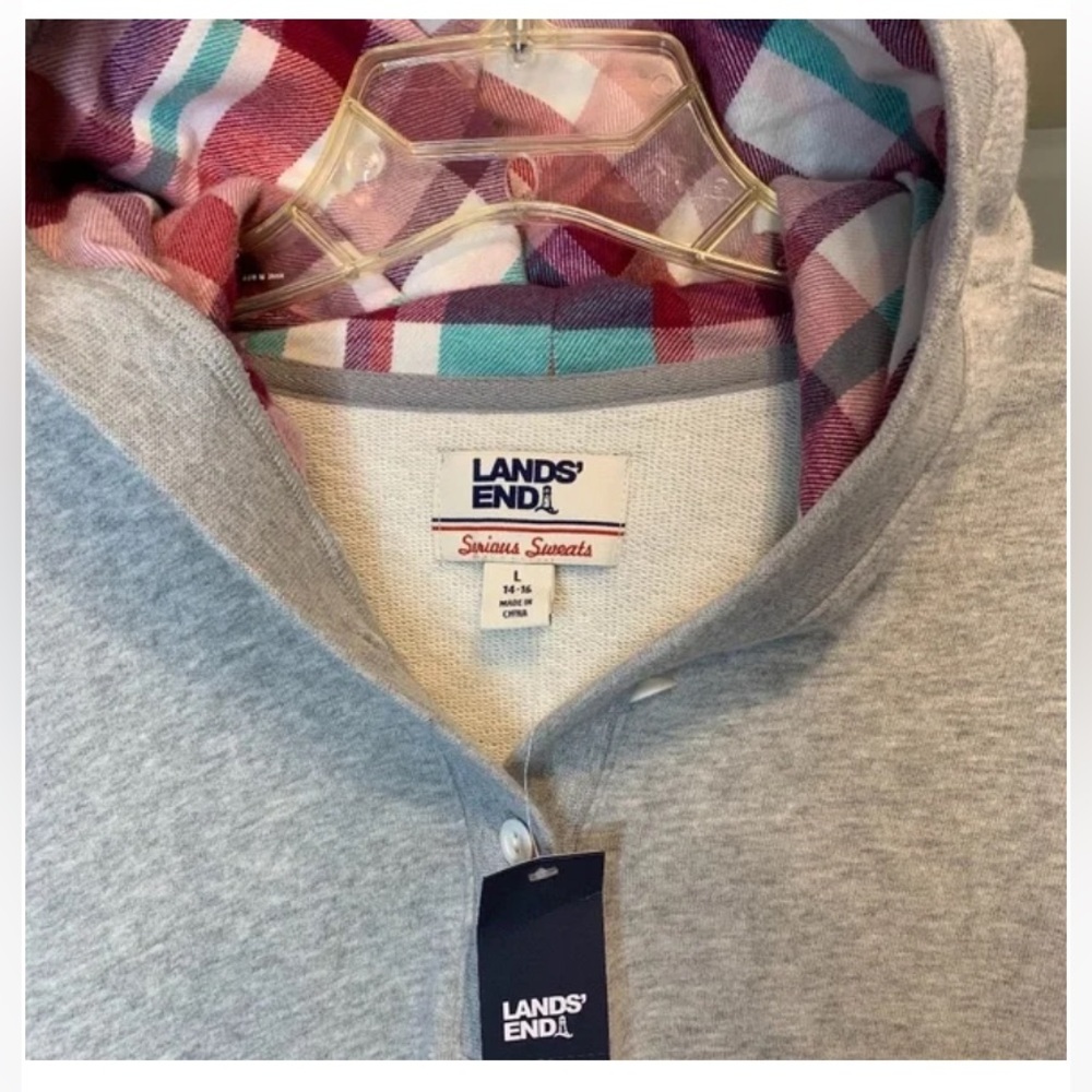 LandsEnd HOODIE TUNIC Wm FRENCH TERRY w/ FLANNEL Lined Hood Generous Relaxed Fit - Picture 3 of 10